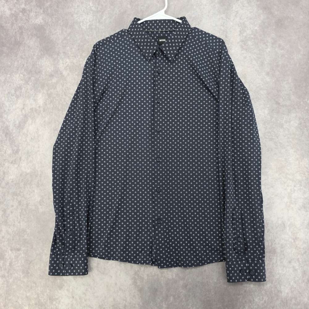 BOSS Hugo Boss Mens XXL Slim Fit Navy Geometric Diamond Jersey Shirt Performance